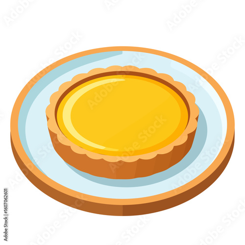 Vibrant yellow custard tart with a fluted pastry crust, served on a simple blue and brown plate.