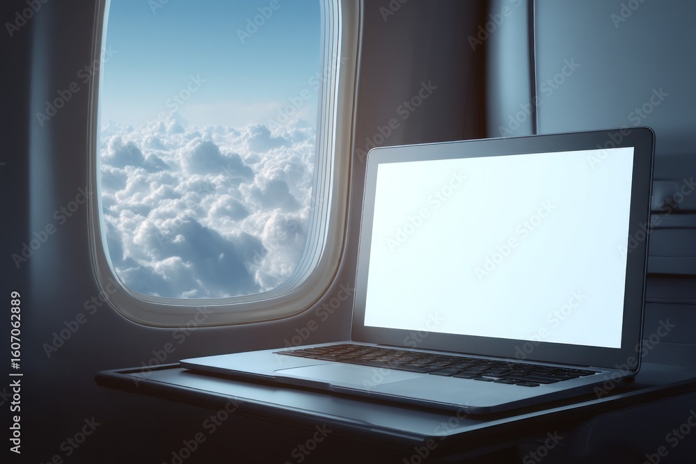 Fototapeta premium Laptop on airplane window seat with clouds