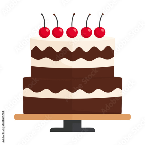 A two-tiered chocolate layer cake with creamy white frosting and five red cherries on top, presented on a cake stand.