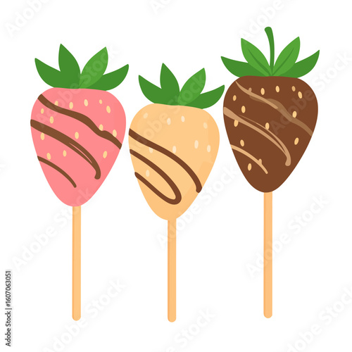 Trio of colorful chocolate-dipped strawberry pops with decorative drizzled icing.