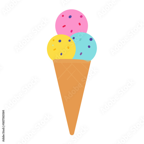 Colorful triple scoop ice cream cone with sprinkles. A flat vector illustration of a sweet summer dessert.