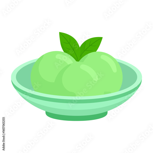 Two scoops of light green mochi ice cream in a ceramic bowl, garnished with fresh mint leaves.