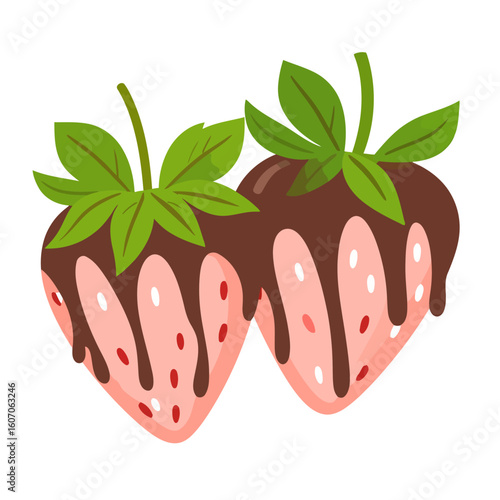 Two stylized pink strawberries dipped in dripping brown chocolate with green leaves.