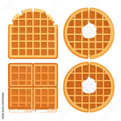 Set of illustrated round and square Belgian waffles, some topped with a dollop of whipped cream.