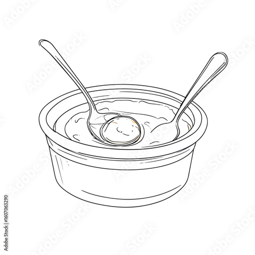 Hand-drawn sketch of a soup bowl with two spoons, one lifting a round dumpling or matzo ball.