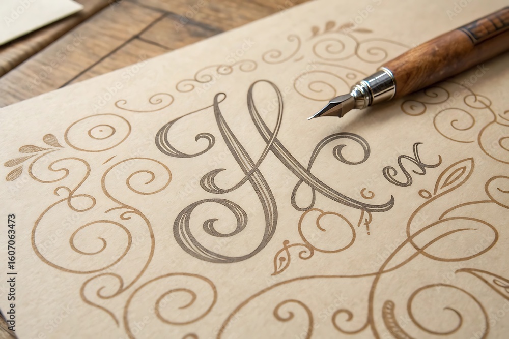Fototapeta premium Hand-drawn script letters with ornate swirls on parchment paper with a vintage fountain pen.