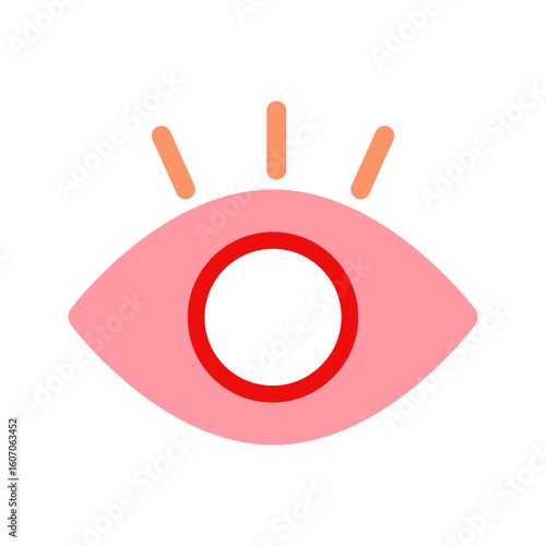Stylized pink eye icon with red pupil and orange rays