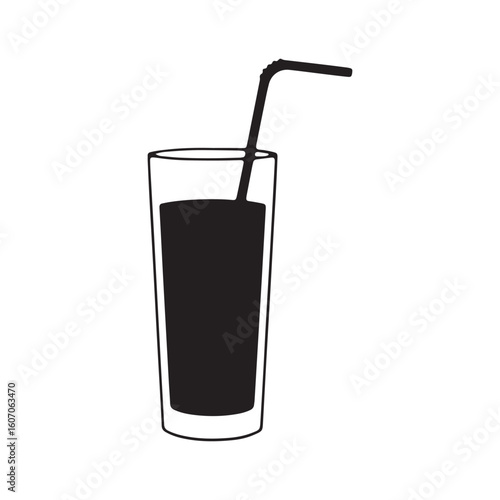 Tall glass filled with dark liquid and straw silhouette