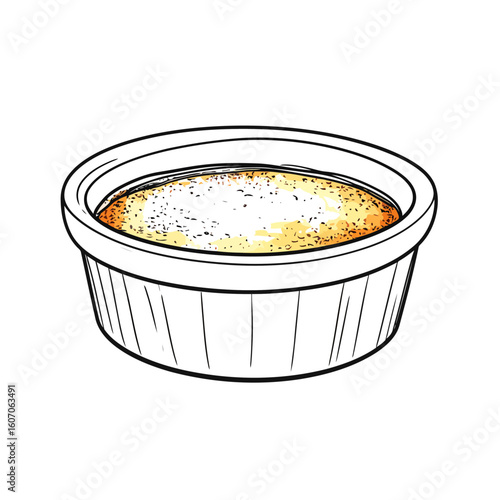 Hand-drawn cr?me br?l?e dessert with a golden caramelized top in a white fluted ramekin.