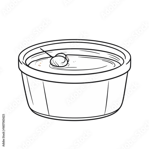 Minimalist line art of a creamy panna cotta dessert in a round dish, topped with a single physalis berry.