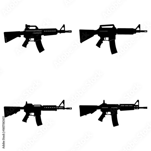 Four ar fifteen style rifles in black silhouette arranged in a square formation on white background