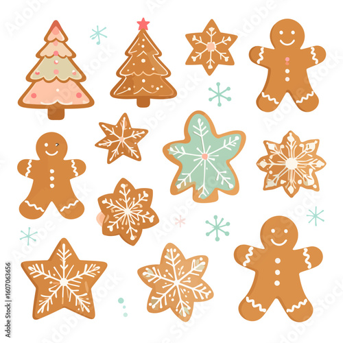 A festive collection of illustrated gingerbread cookies, including men, trees, and snowflakes, decorated with colorful icing.