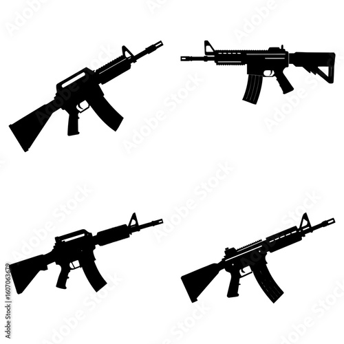 Four black silhouette illustrations of ar fifteen style rifles against a white plain background design vector