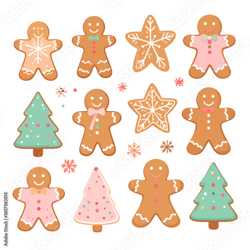 Festive collection of smiling gingerbread men and decorated Christmas tree and star cookies with pastel icing.