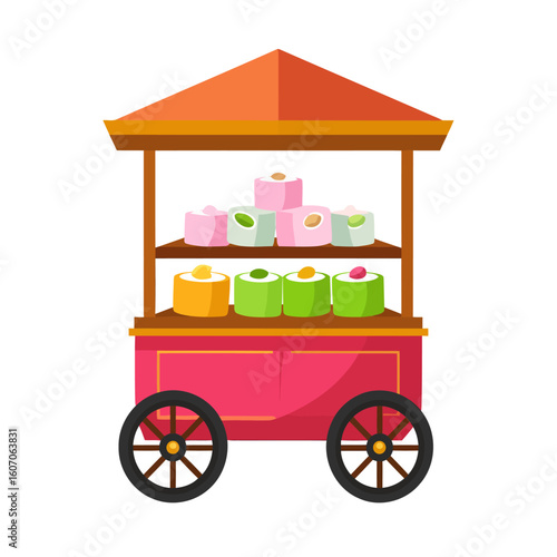 A vibrant red street food cart with an orange roof, displaying colorful traditional Asian sweets and desserts on two shelves.