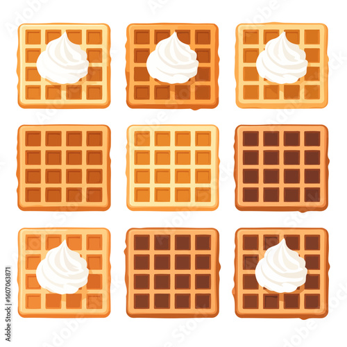 Illustrated set of square Belgian waffles, plain and with whipped cream, in golden and chocolate colors.