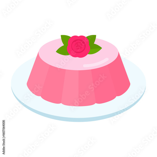 Vibrant pink molded pudding dessert garnished with a stylized rose and green leaves.