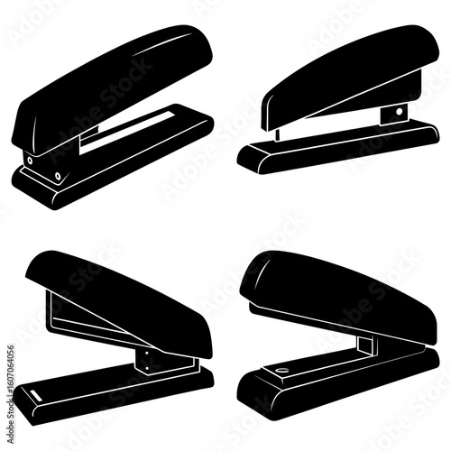 Four staplers in black and white showing different angles and positions on a white isolated background
