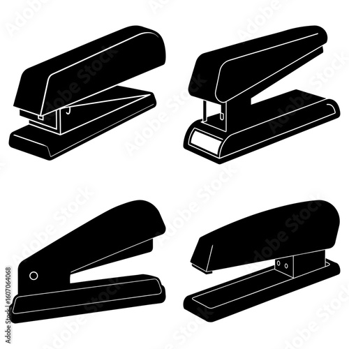 Four stapler illustrations in black and white showing different angles and stapler types on a white background