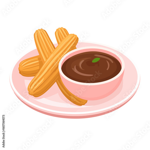 Golden-brown ridged churros served with a rich chocolate dipping sauce in a pink bowl on a plate.
