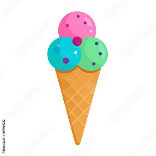 Colorful ice cream waffle cone with three scoops of pink, cyan, and green gelato with sprinkles.