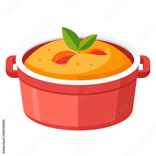A vibrant red casserole dish filled with creamy orange soup, garnished with fresh green leaves.