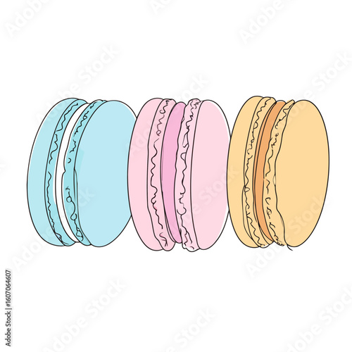 A colorful trio of pastel macarons in blue, pink, and yellow, depicted in a simple hand-drawn line art style.