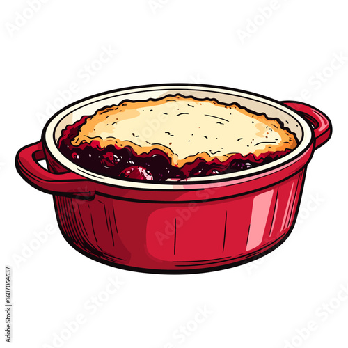 Warm berry cobbler with a golden crust, served in a vibrant red ceramic casserole dish.