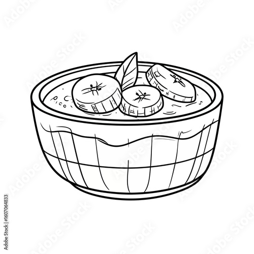 Hand-drawn line art of a breakfast bowl with sliced bananas and a mint leaf garnish.