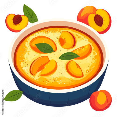 Vibrant Graphic Illustration of a Peach Cobbler in a Blue Dish with Sliced Peaches and Green Leaves.