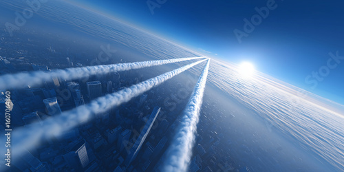 Flugzeug hinterlässt Kondensstreifen am blauen Himmel mit Sonnenlicht und Wolkenbildung