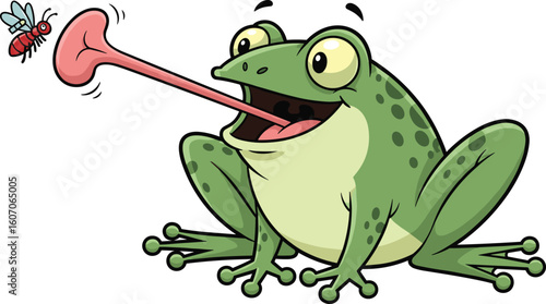 Cartoon frog catching fly with long tongue, green frog illustration, funny amphibian character, animal wildlife humor, insect predator artwork