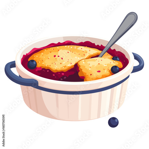 A warm blueberry cobbler with a golden biscuit crust, served in a white ceramic casserole dish with a spoon.
