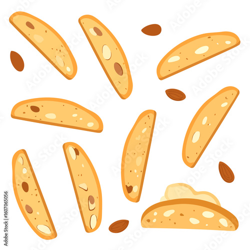 Set of illustrated Italian almond biscotti, crunchy cantucci cookies with nuts and cream.