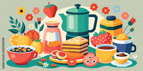 A symphony of breakfast delights, from steaming coffee to sweet pancakes.  #BreakfastVibes.eps