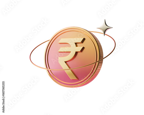 Golden Indian Rupee Coin with Orbiting Star Financial Success and Investment Concept 3D Rendered Illustration on transparent background