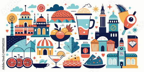 A curated collection of culinary and cultural icons, evoking a sense of global flavors and traditions..eps