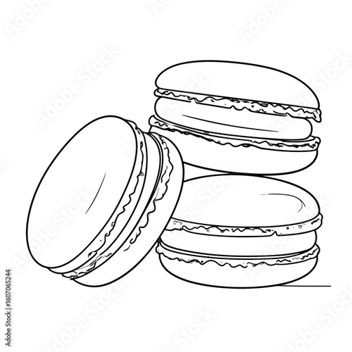 A simple line art drawing of three stacked French macarons with smooth shells and ruffled feet.
