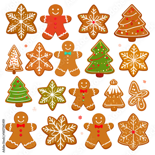 Set of festive gingerbread cookies: smiling men, decorated trees, and snowflake stars with colorful icing.