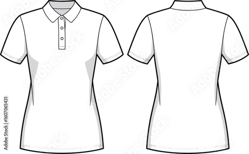 Women’s polo shirt, short sleeve, front and back view, fashion CAD drawing, technical sketch, garment template, vector illustration, clothing design