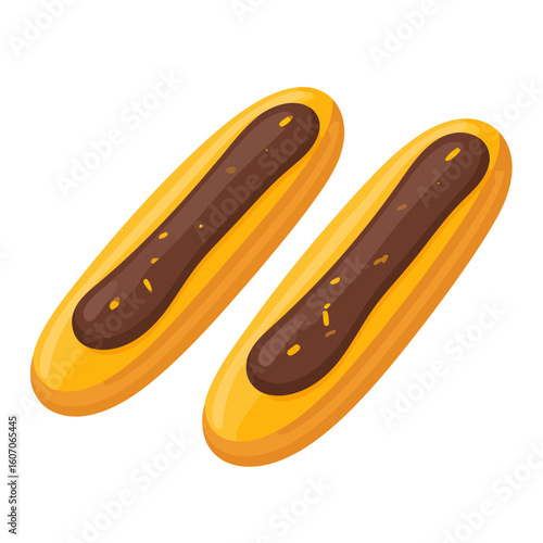 A pair of golden eclairs with rich chocolate frosting and sprinkles, illustrated style.
