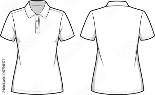 Women’s polo shirt, short sleeve, front and back view, fashion CAD drawing, garment sketch, vector illustration, clothing template, apparel design