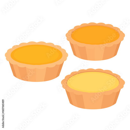 Set of three golden egg custard tarts with fluted pastry crusts. Vector illustration of classic sweet bakery dessert.