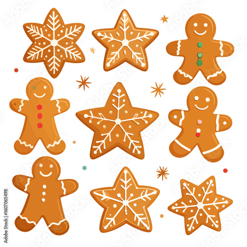 Set of festive gingerbread men and star cookies decorated with white snowflake icing.