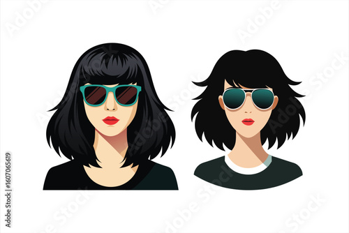 Stylish women with black hair and sunglasses, depicted from the shoulders up, isolated against a plain white background