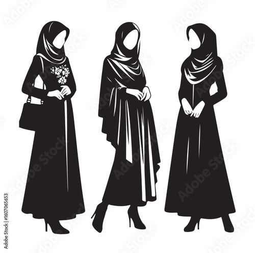 hijab style standing vector silhouette design white background