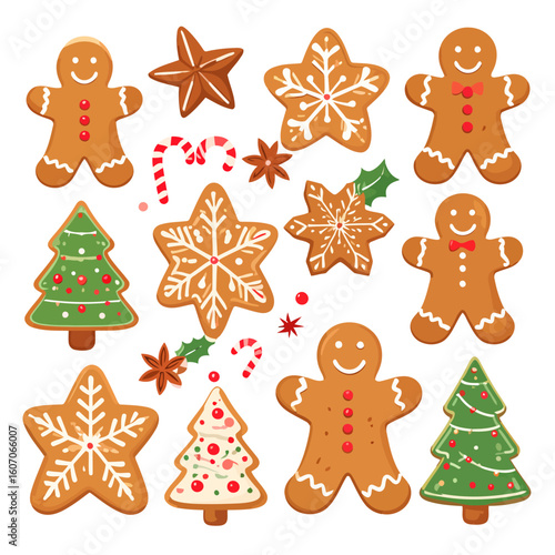 Festive collection of decorated Christmas gingerbread cookies, including men, stars, trees, and candy canes.