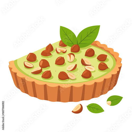 A delicious half tart with a fluted crust, light green pistachio cream filling, and topped with whole and halved hazelnuts and fresh mint leaves.