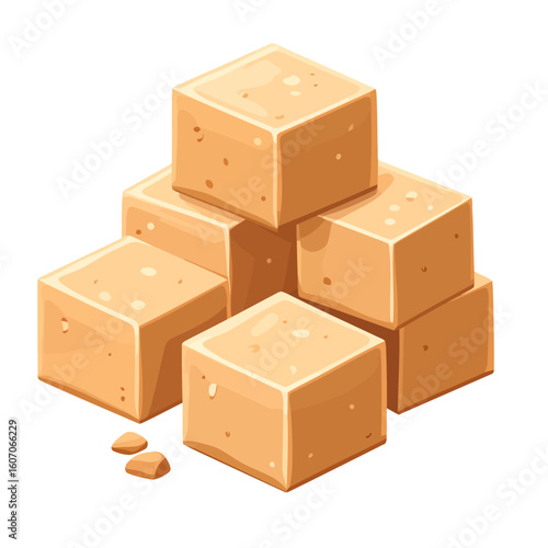 A stylized pile of smooth, light brown caramel candy cubes with small crumbs.