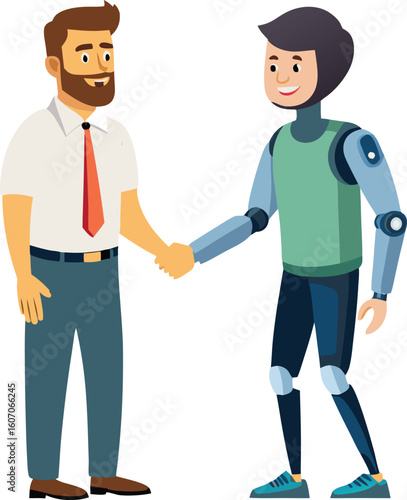 Man with Prosthetic Arm Shaking Hands Vector Illustration for Disability Inclusion and Professional Greeting Design, Man with Prosthetic Arm Vector, Disabled Handshake Illustration